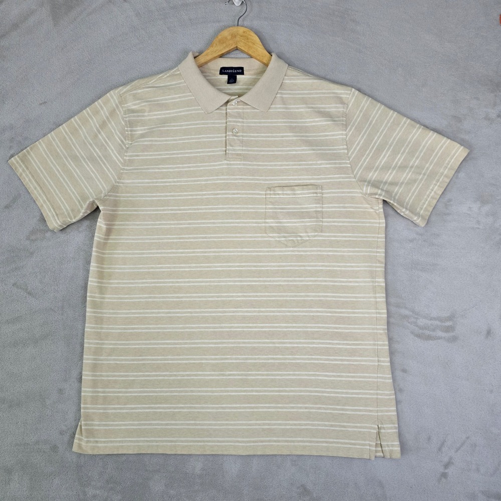 Lands End Mens Large Beige Striped Cotton Pocket Polo‎ Shirt L 42-44